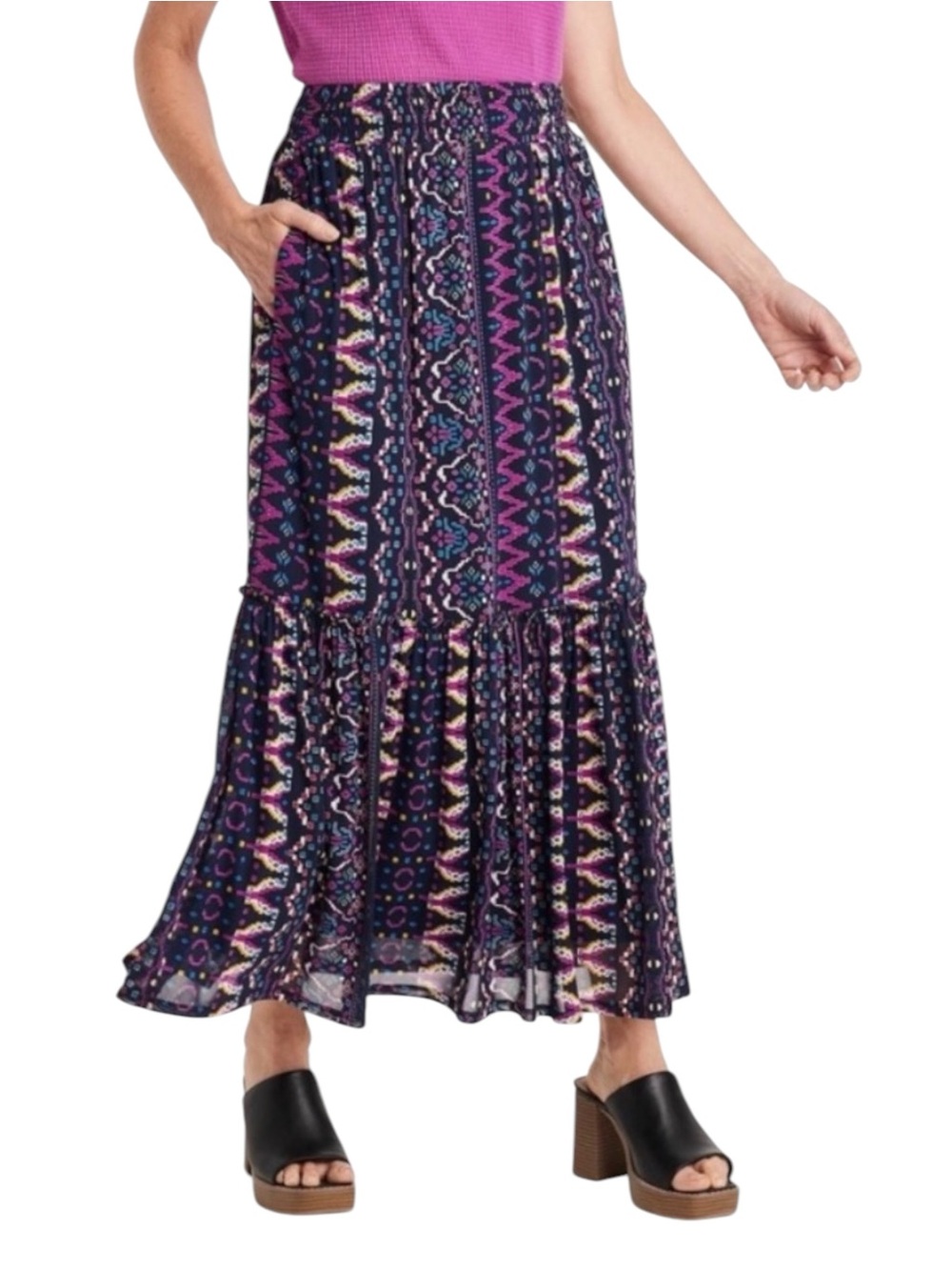 Knox Rose Bohemian Peasant Maxi Long Skirt Blue Purple Elastic Waist Size Large